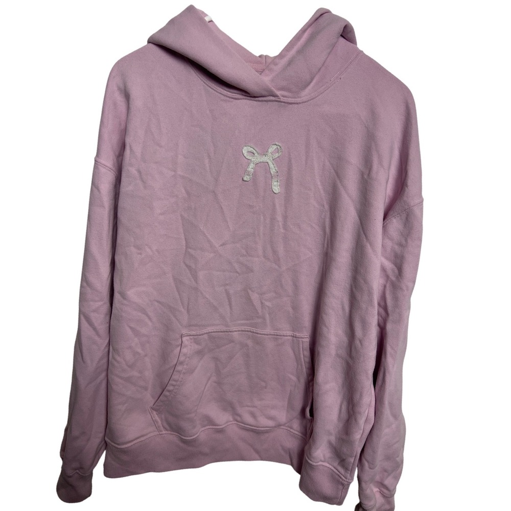 Hollister Womens XS Pink Bow Embroidered Oversized Hoodie Fleece Pullover Lilac